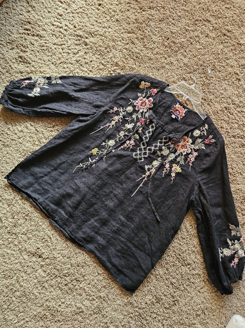 Johnny Was Acasia Black Linen Embroidered Peasant Blouse XL